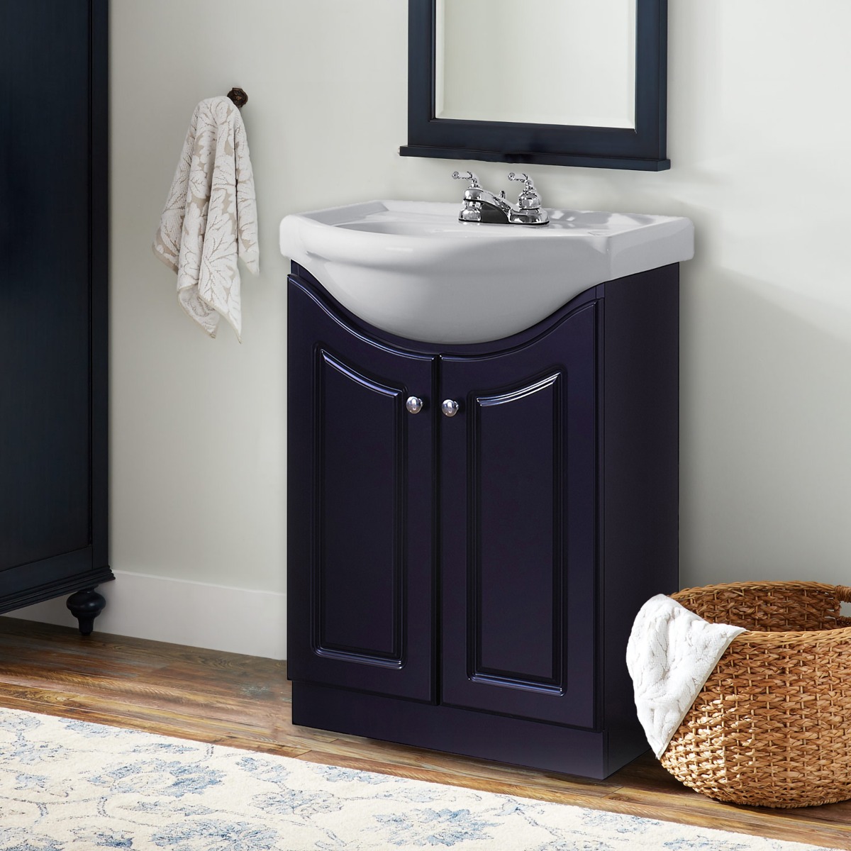 Dreamwerks 24" W x 19" D x 34" H Semi-Contemporary Euro Vanity in Satin Black with Ceramic Vanity Top in White-0