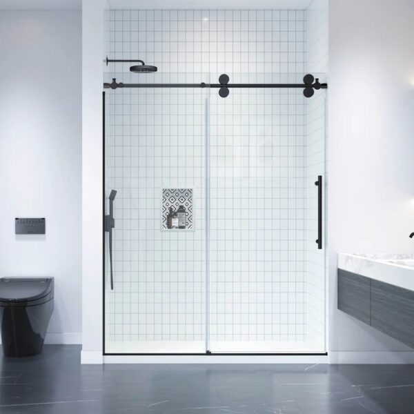 Dreamwerks 60 in. x 79 in. Frameless Sliding Shower Door in Black with Clear Glass