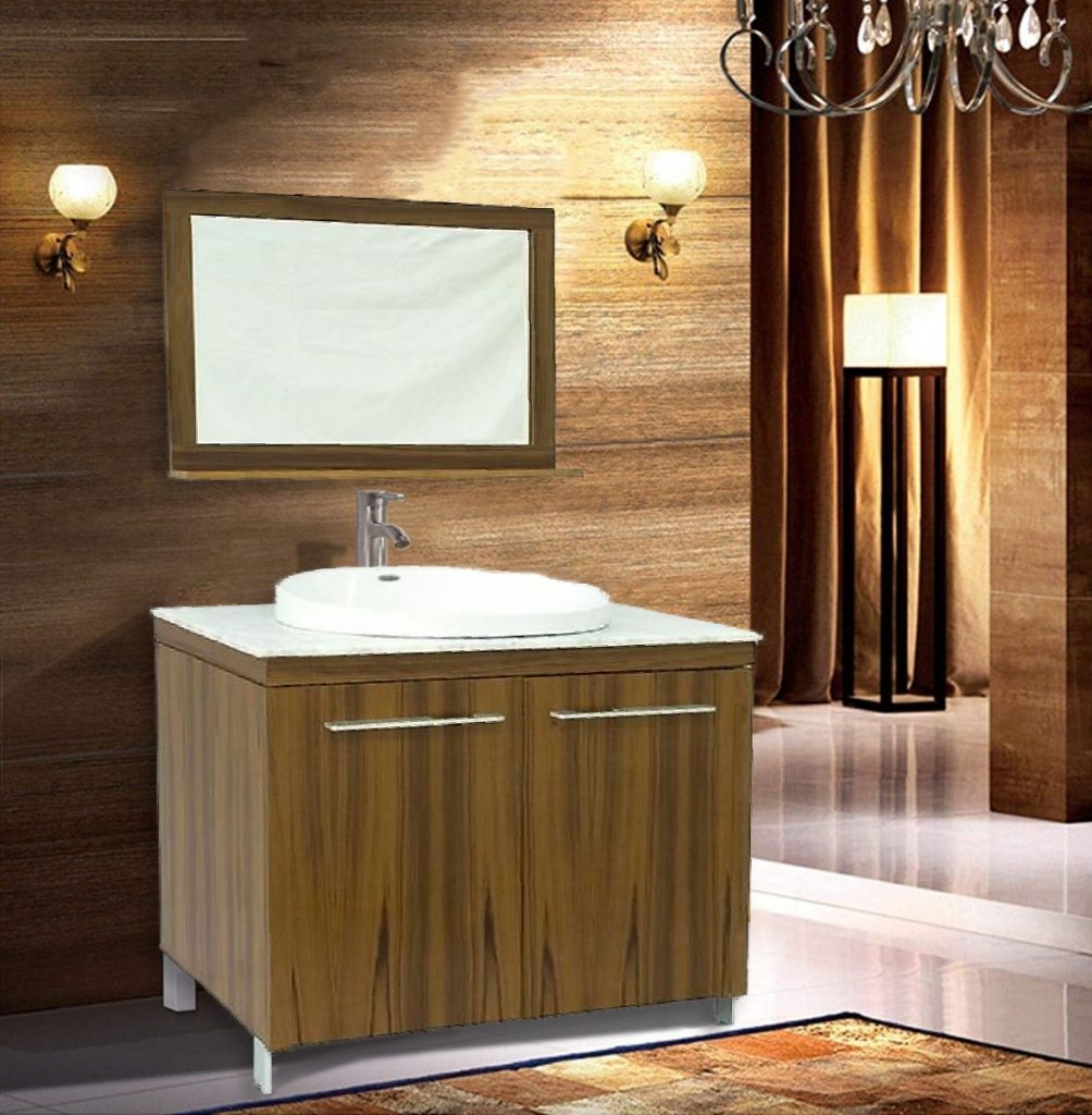 Dreamwerks 40" W X 21" D x 32" H Vanity in Medium Brown With White Marble Vanity Top with White Basin and Mirror-0