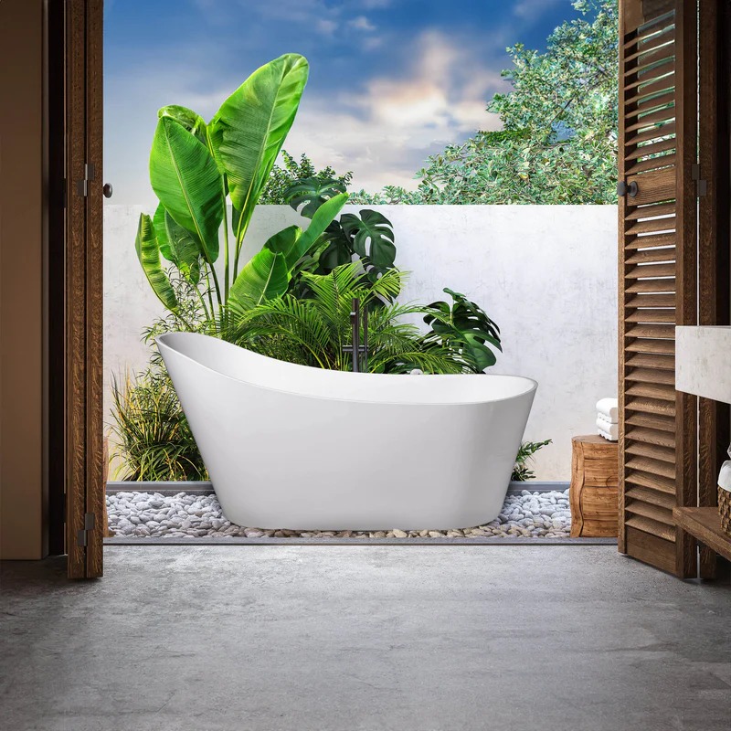 Dreamwerks 66.9" Acrylic Curved Flatbottom Bathtub in Glossy White - Image 7