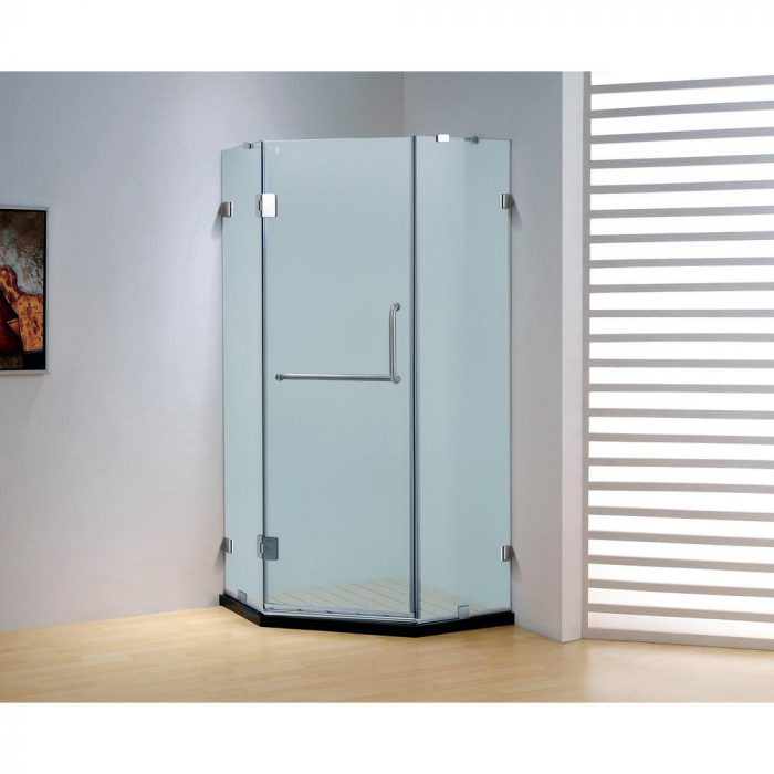 Dreamwerks 36 in. x 79 in. Frameless Neo-Angle Hinged Shower Door (Left) in Chrome with Handle - Frosted Glass-0