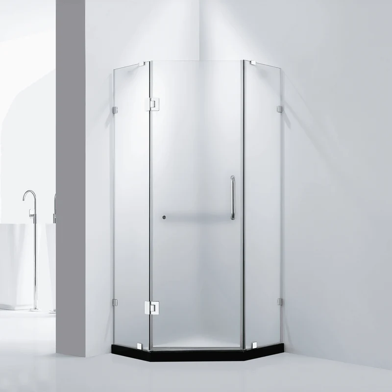 Dreamwerks 36 in. x 79 in. Frameless Neo-Angle Hinged Shower Door (Left) in Chrome with Handle - Frosted Glass - Image 4