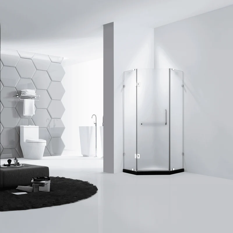 Dreamwerks 36 in. x 79 in. Frameless Neo-Angle Hinged Shower Door (Left) in Chrome with Handle - Frosted Glass - Image 5