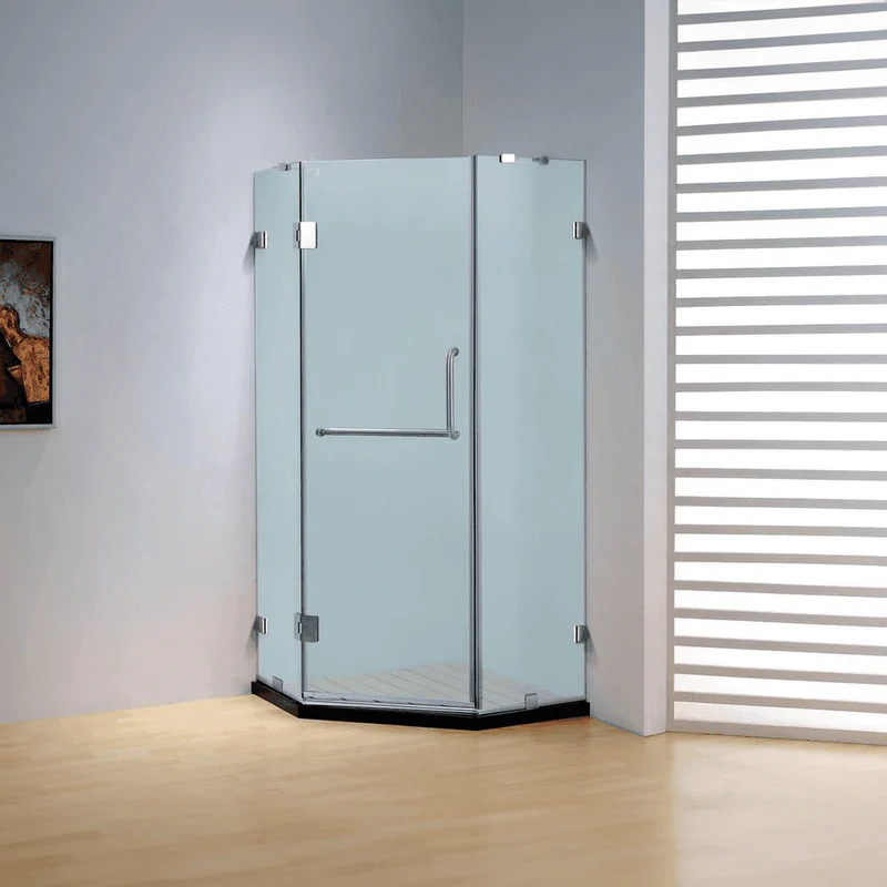Dreamwerks 36 in. x 79 in. Frameless Neo-Angle Hinged Shower Door (Left) in Chrome with Handle - Frosted Glass - Image 2