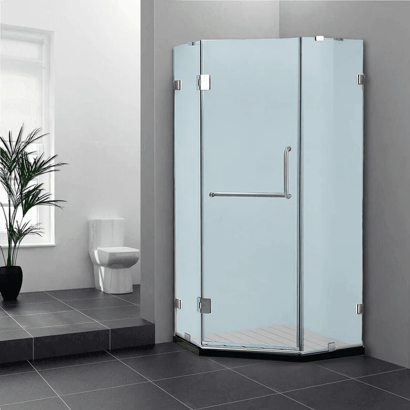 Dreamwerks 36 in. x 79 in. Frameless Neo-Angle Hinged Shower Door (Left) in Chrome with Handle - Frosted Glass - Image 3