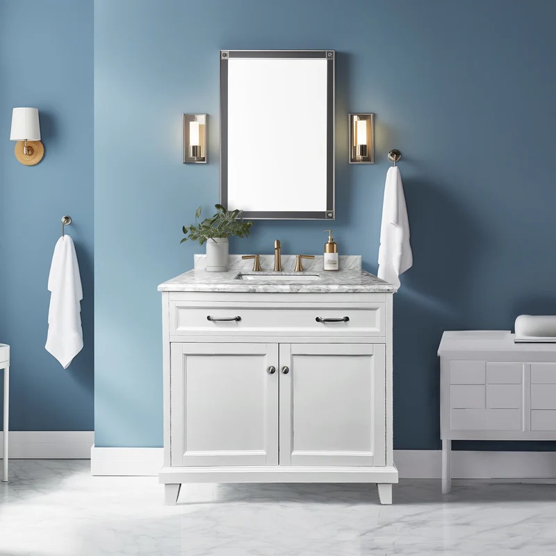Dreamwerks 36" W x 22.4" D x 35" H White Vanity With Solid Wood & Carrara Marble Top - Image 9