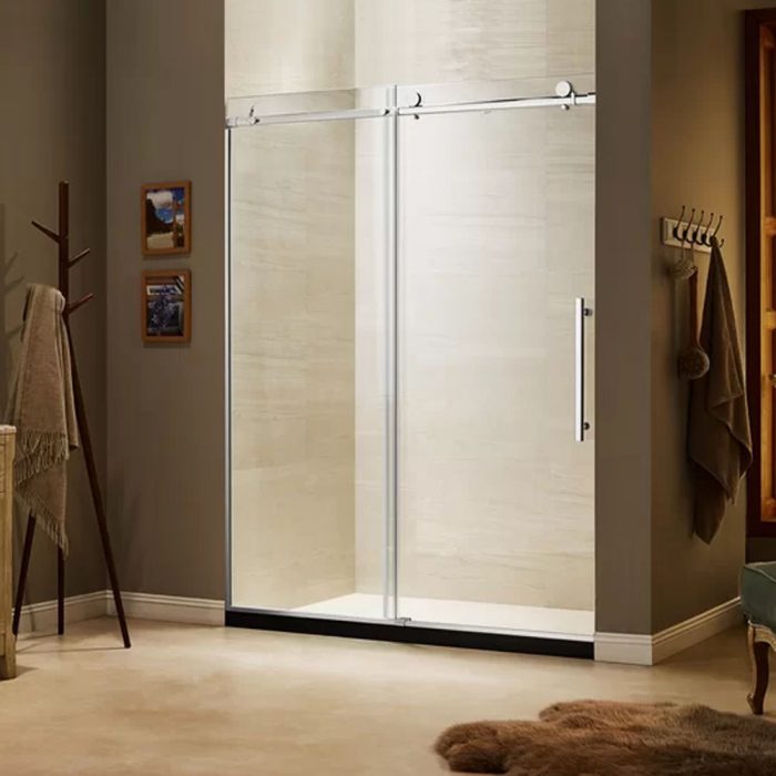 48 in. W x 79 in. H Sliding Frameless Shower Door in Stainless Steel-0