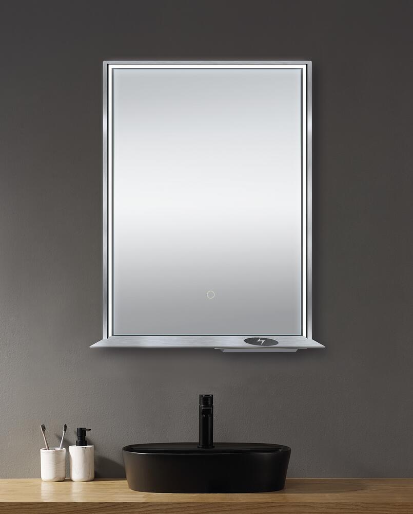 Dreamwerks 24" W x 32" H Brushed Nickel Framed LED Mirror with Integrated Cell Phone Charger-581