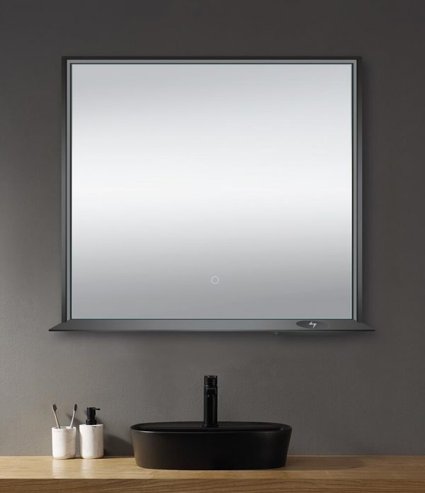 Dreamwerks 36" W x 32" H Matte Black Framed LED Mirror with Integrated Cell Phone Charger-593