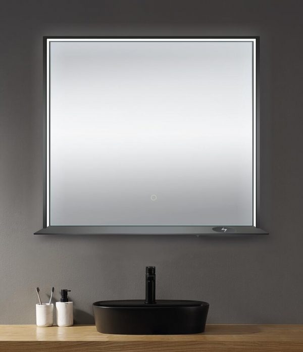 Dreamwerks 36" W x 32" H Matte Black Framed LED Mirror with Integrated Cell Phone Charger-594