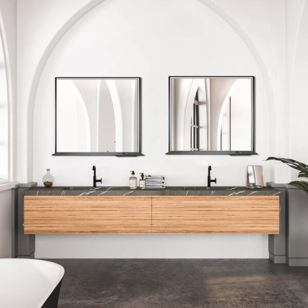 Dreamwerks 36" W x 32" H Matte Black Framed LED Mirror with Bluetooth Speaker and Integrated Cell Phone Charger