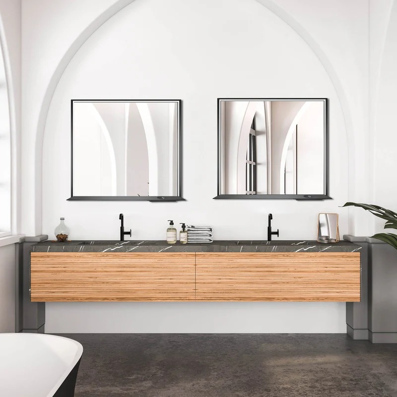 Dreamwerks 36" W x 32" H Matte Black Framed LED Mirror with Bluetooth Speaker and Integrated Cell Phone Charger - Image 1