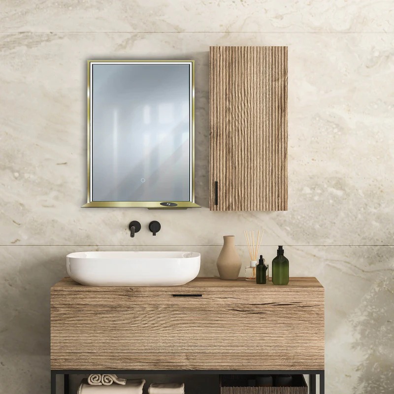 Dreamwerks 24" W x 32" H Brushed Nickel Framed LED Mirror with Bluetooth Speaker and Integrated Cell Phone Charger - Image 1