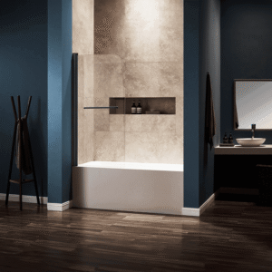 Dreamwerks 30 in. W x 59 in. H Frameless Pivot Tub Door with Clear Glass and Handle in Black - Image 2