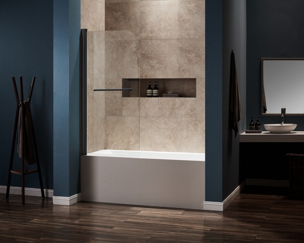 Dreamwerks 30 in. W x 59 in. H Frameless Pivot Tub Door with Clear Glass and Handle in Black-0