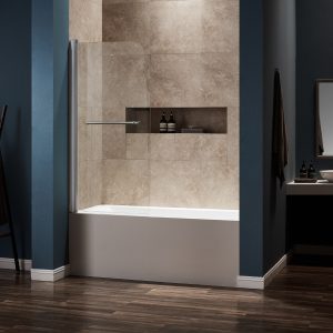 Dreamwerks 30 in. W x 59 in. H Frameless Pivot Tub Door with Clear Glass and Handle in Bright Chrome-0