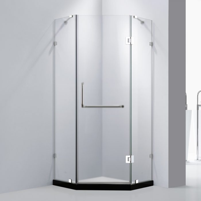 Dreamwerks 36 in. x 79 in. Frameless Neo-Angle Hinged Shower Door (Right) in Chrome with Handle - Frosted Glass -0