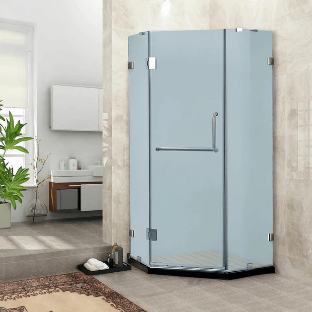 Dreamwerks 36 in. x 79 in. Frameless Neo-Angle Hinged Shower Door (Left) in Chrome with Handle - Frosted Glass - Image 19
