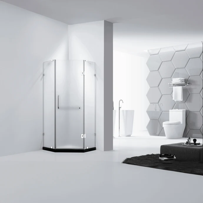 Dreamwerks 36 in. x 79 in. Frameless Neo-Angle Hinged Shower Door (Left) in Chrome with Handle - Frosted Glass - Image 21