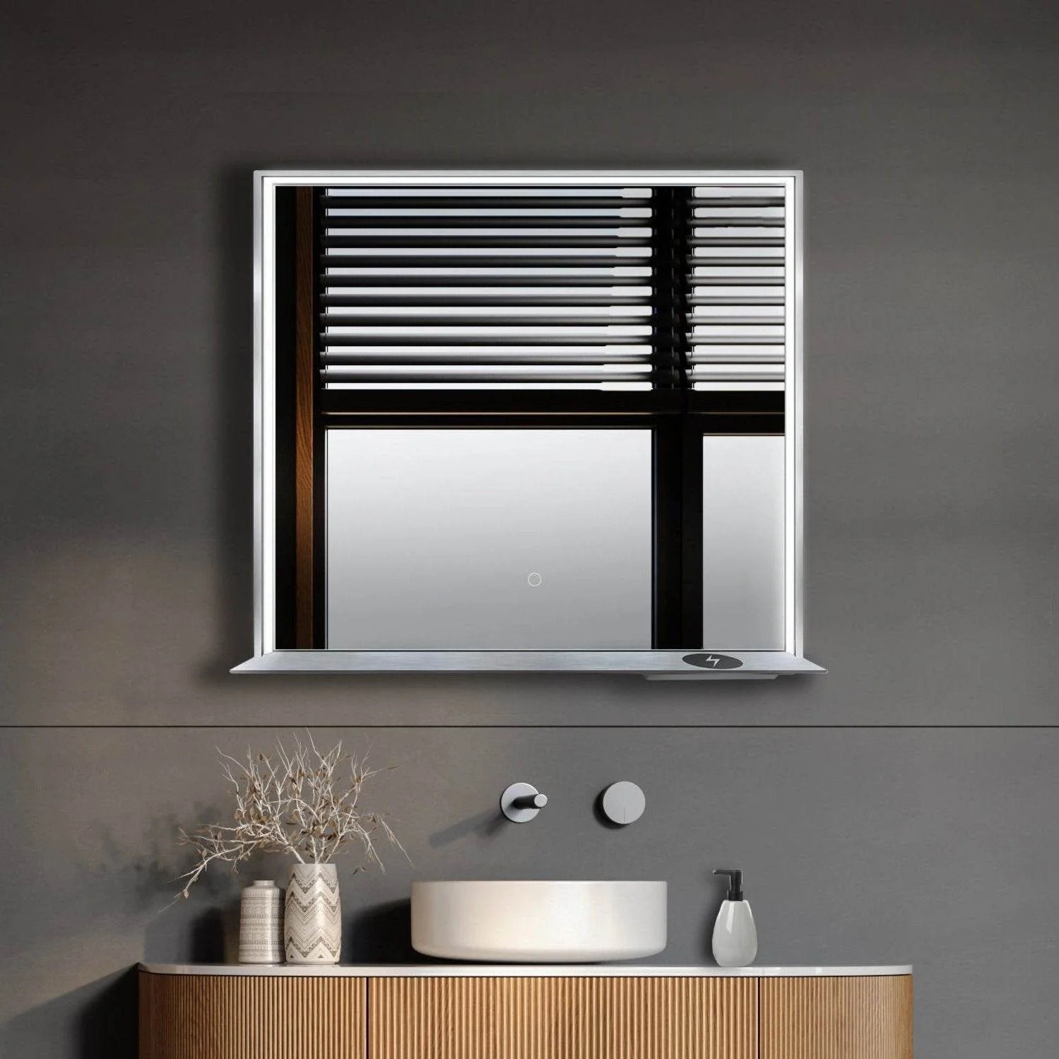 Dreamwerks 36" W x 32" H Matte Black Framed LED Mirror with Bluetooth Speaker and Integrated Cell Phone Charger - Image 20