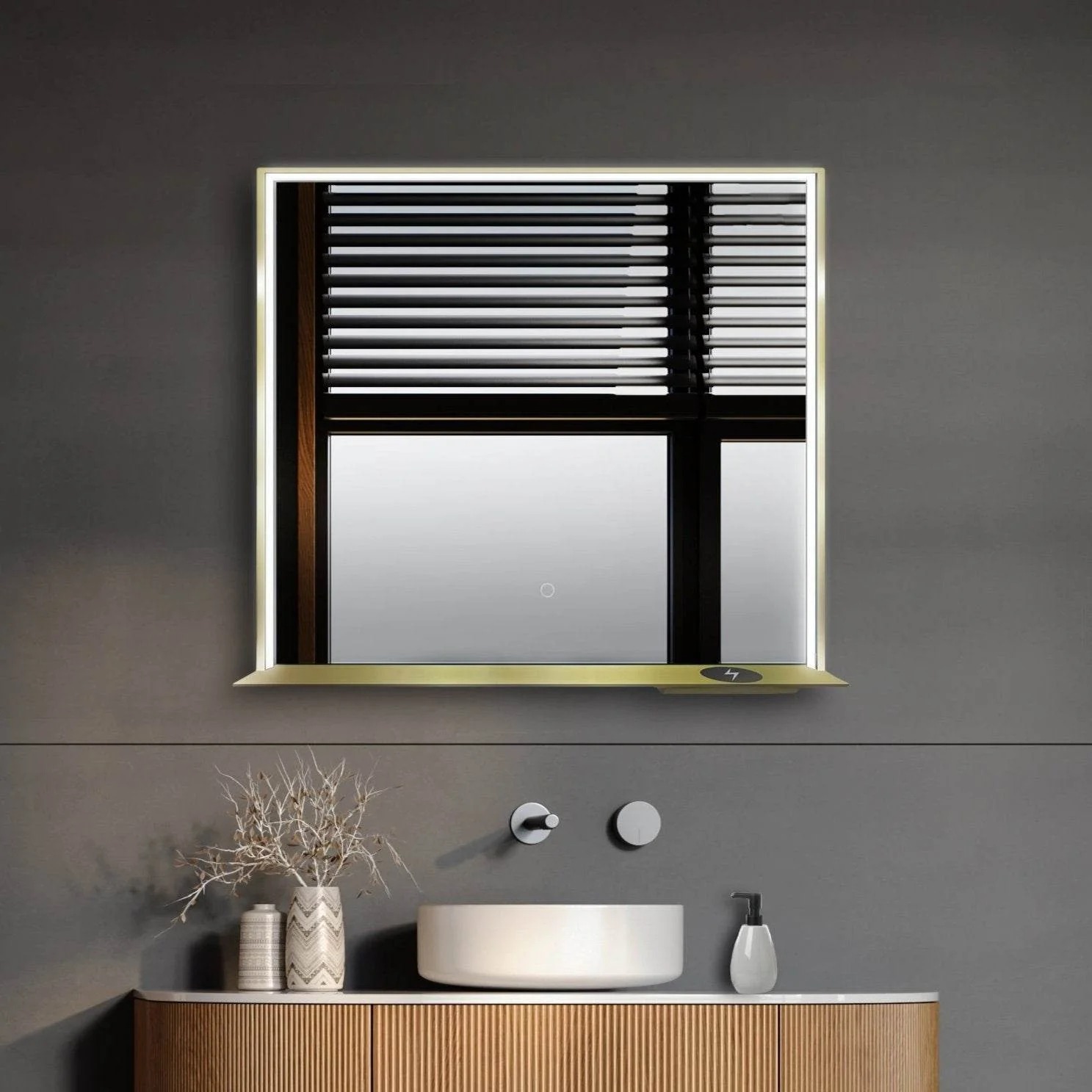 Dreamwerks 36" W x 32" H Matte Black Framed LED Mirror with Bluetooth Speaker and Integrated Cell Phone Charger - Image 19