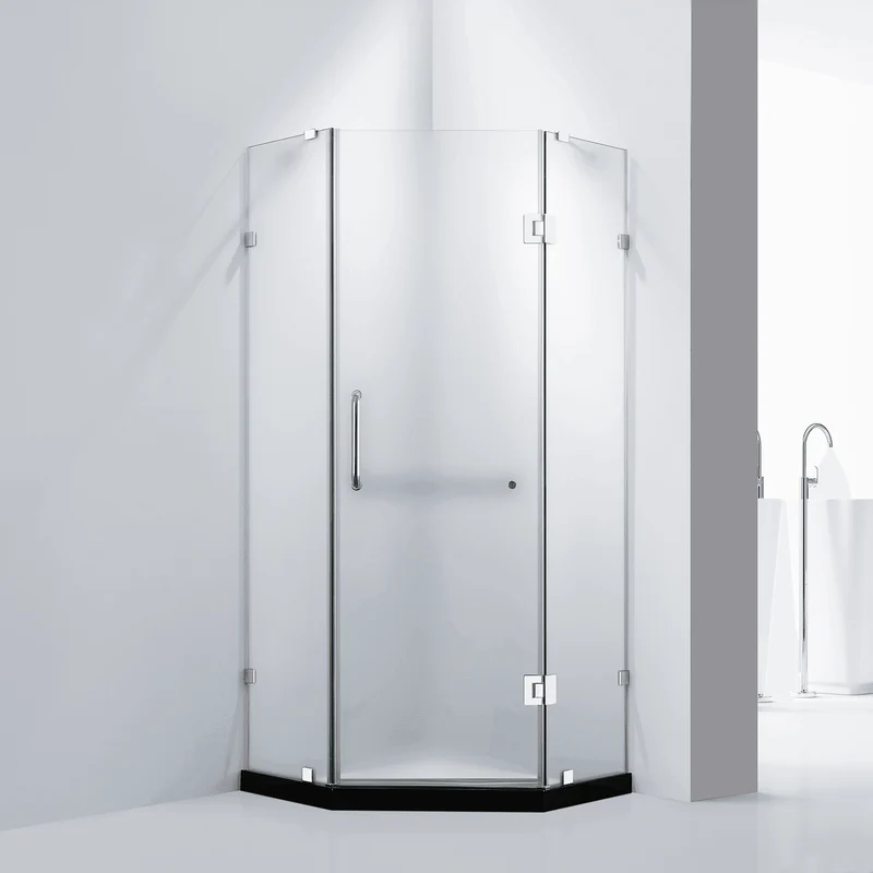 Dreamwerks 36 in. x 79 in. Frameless Neo-Angle Hinged Shower Door (Left) in Chrome with Handle - Frosted Glass - Image 12