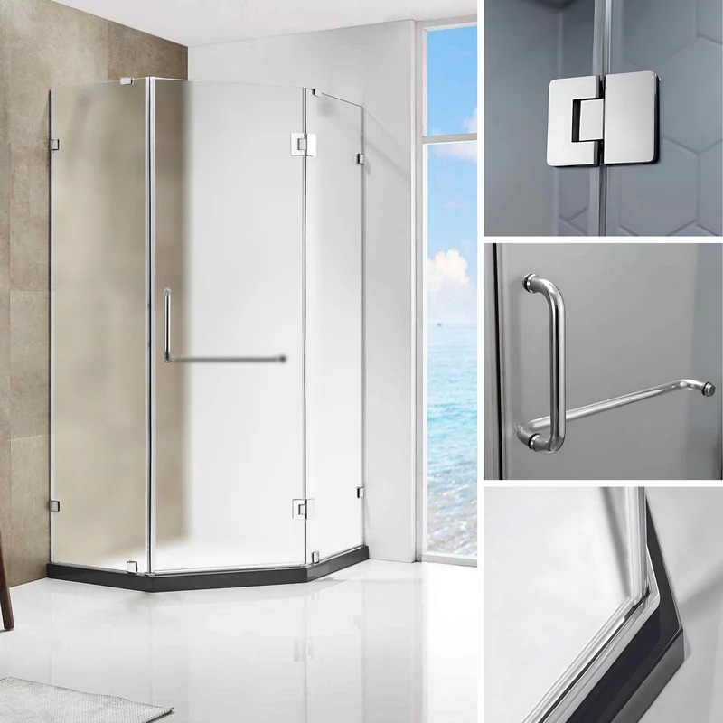 Dreamwerks 36 in. x 79 in. Frameless Neo-Angle Hinged Shower Door (Left) in Chrome with Handle - Frosted Glass - Image 11