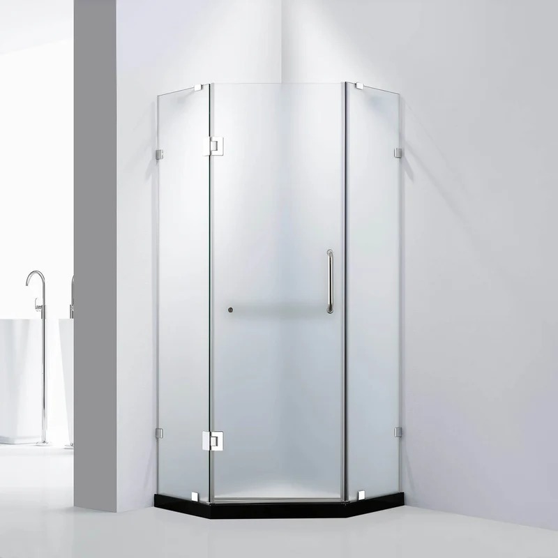 Dreamwerks 36 in. x 79 in. Frameless Neo-Angle Hinged Shower Door (Left) in Chrome with Handle - Frosted Glass - Image 9