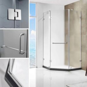 Dreamwerks 36 in. x 79 in. Frameless Neo-Angle Hinged Shower Door (Left) in Chrome with Handle - Frosted Glass - Image 8