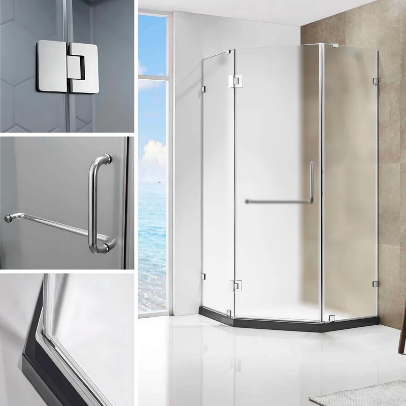 Dreamwerks 36 in. x 79 in. Frameless Neo-Angle Hinged Shower Door (Left) in Chrome with Handle - Frosted Glass - Image 8