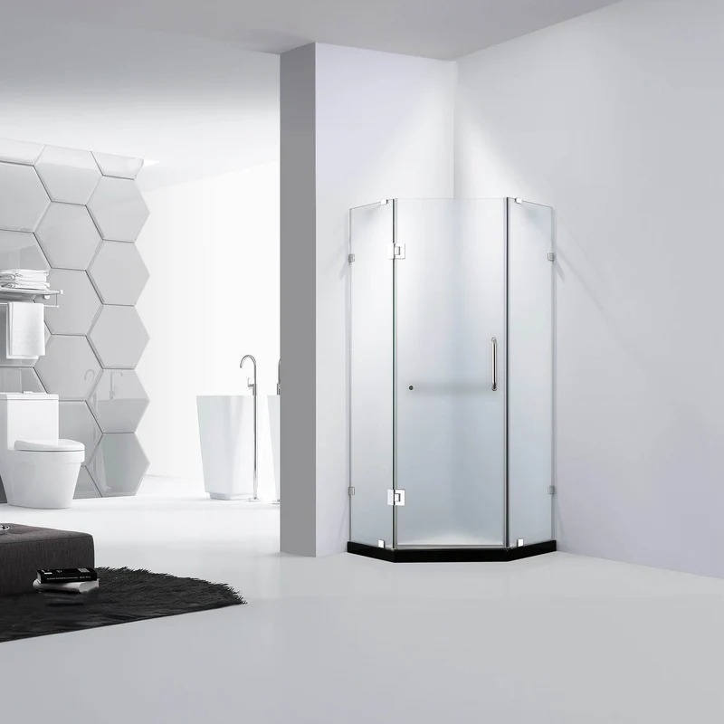Dreamwerks 36 in. x 79 in. Frameless Neo-Angle Hinged Shower Door (Left) in Chrome with Handle - Frosted Glass - Image 7
