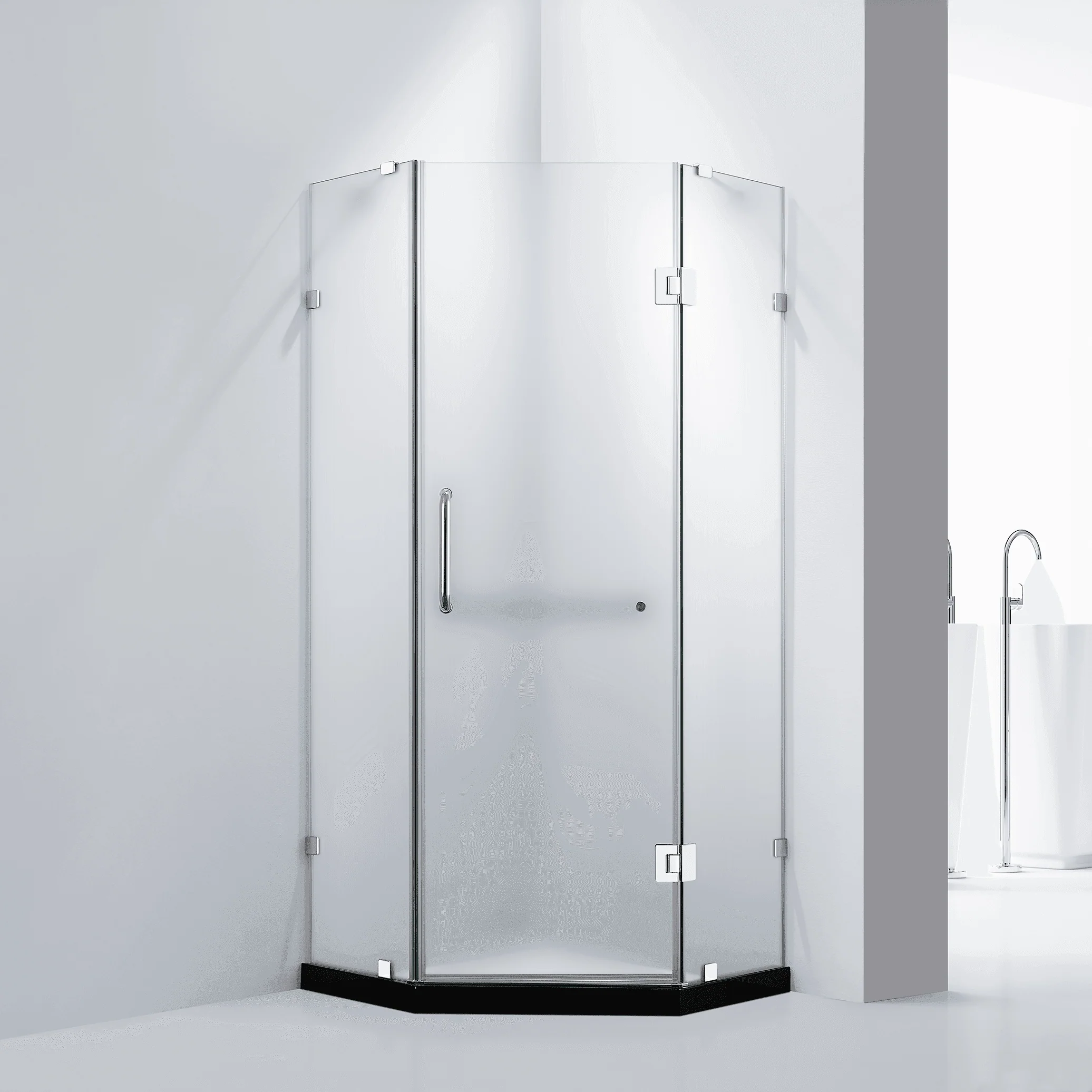 Dreamwerks 36 in. x 79 in. Frameless Neo-Angle Hinged Shower Door (Left) in Chrome with Handle - Frosted Glass - Image 6